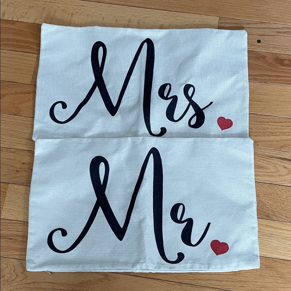 Mrs and Mr Signs Canvas Pillow Covers - Black Script with Red Hearts